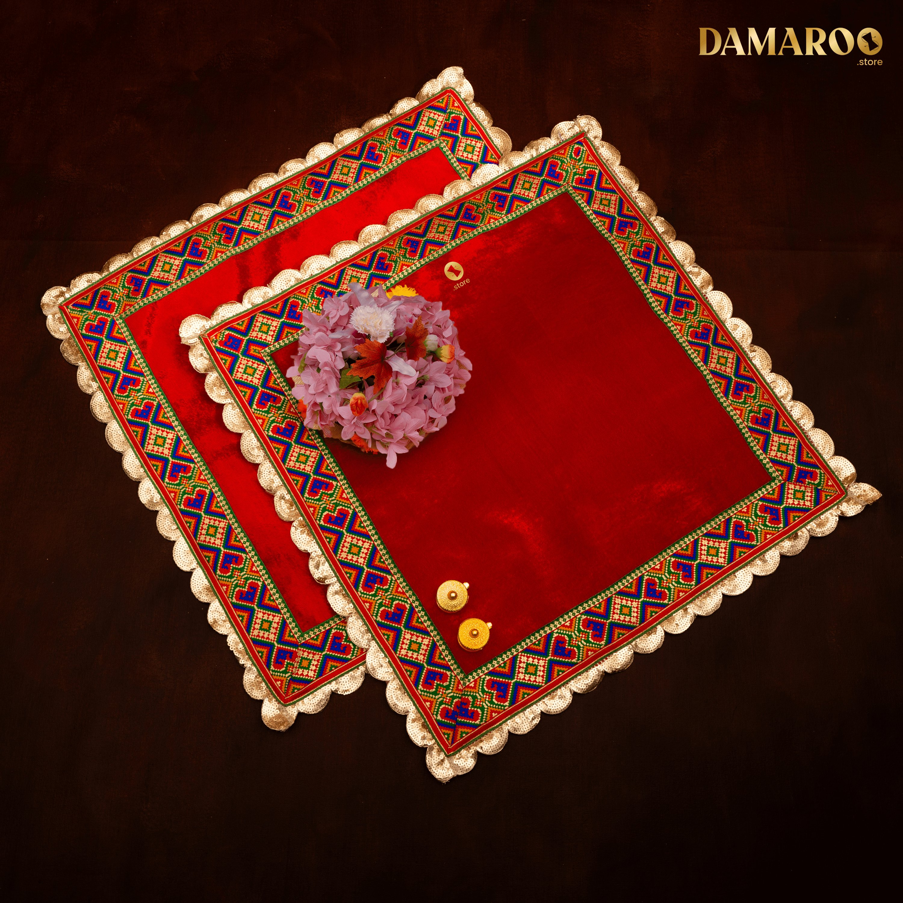 Damaroo Set of 2 | 2x2 ft | Makhmali Magic: Velvety Anti-Skid Pooja Aasan | Jacquard Zari Trim - Kumkum Red - Distacart