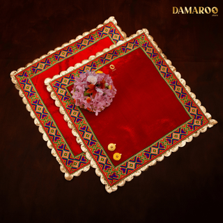 Damaroo Set of 2 | 2x2 ft | Makhmali Magic: Velvety Anti-Skid Pooja Aasan | Jacquard Zari Trim - Kumkum Red - Distacart