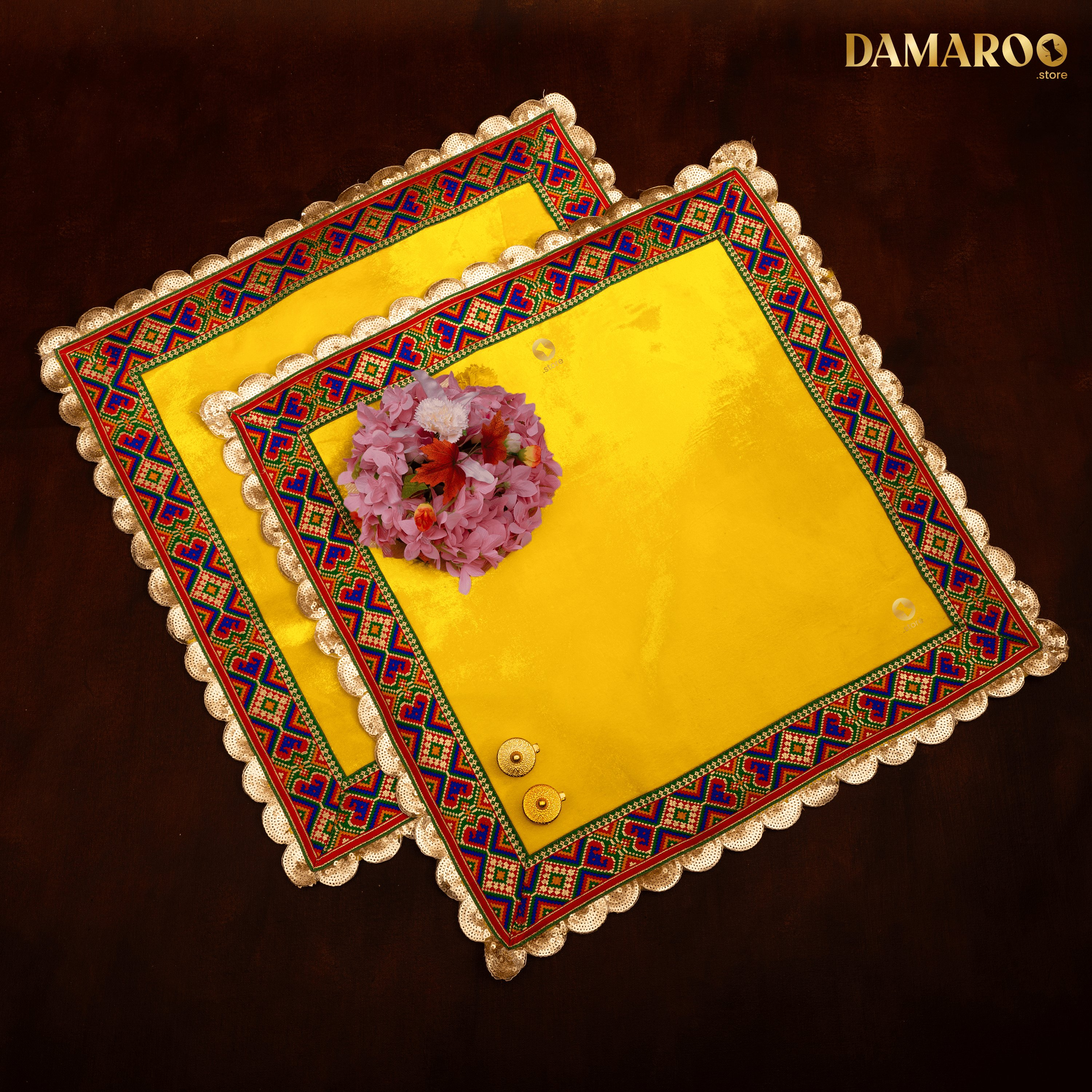 Damaroo Set of 2 | 2x2 ft | Makhmali Magic: Velvety Anti-Skid Pooja Aasan | Jacquard Zari Trim - Lemon Yellow - Distacart