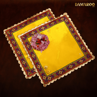 Damaroo Set of 2 | 2x2 ft | Makhmali Magic: Velvety Anti-Skid Pooja Aasan | Jacquard Zari Trim - Lemon Yellow - Distacart