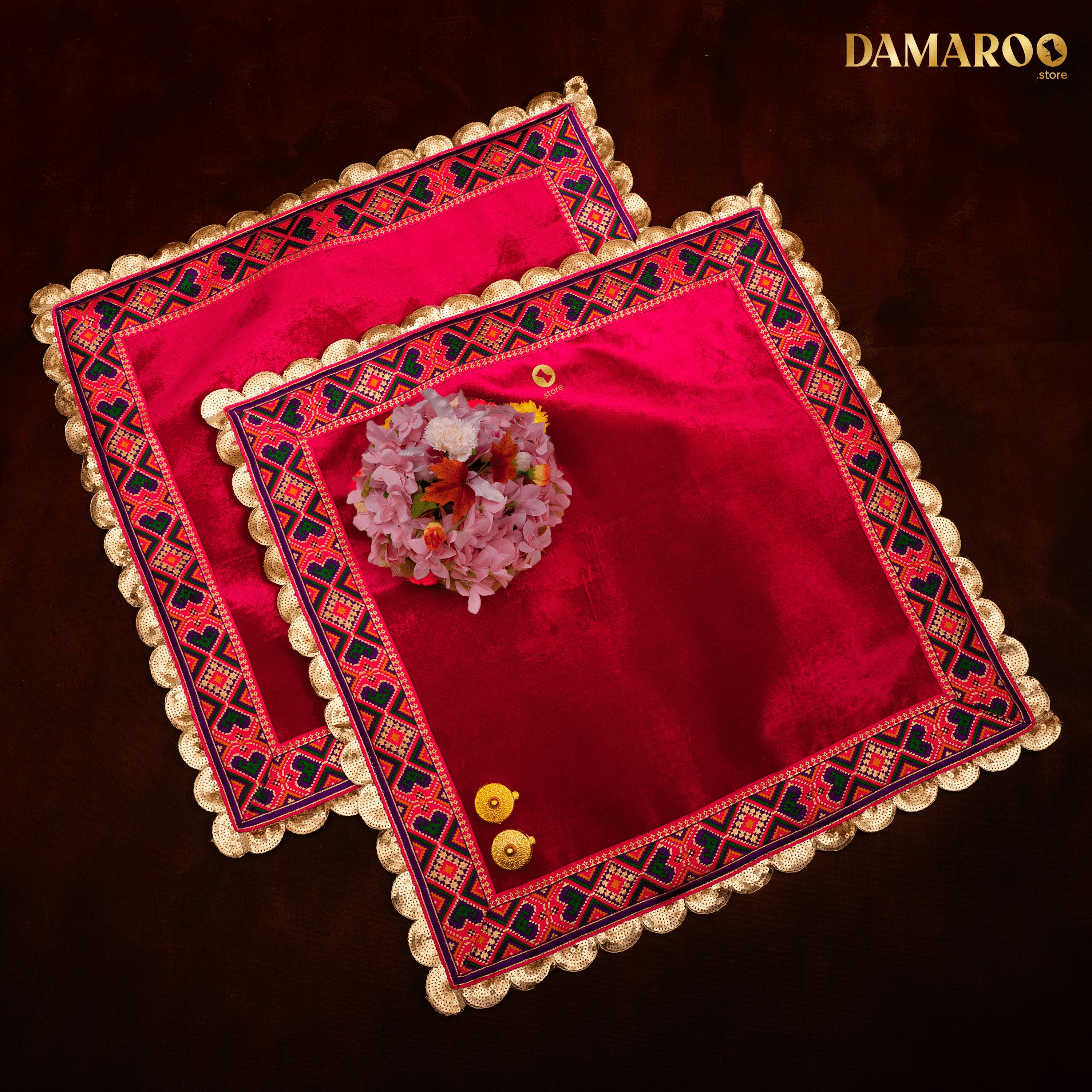 Damaroo Set of 2 | 2x2 ft | Makhmali Magic: Velvety Anti-Skid Pooja Aasan | Jacquard Zari Trim - Pink - Distacart