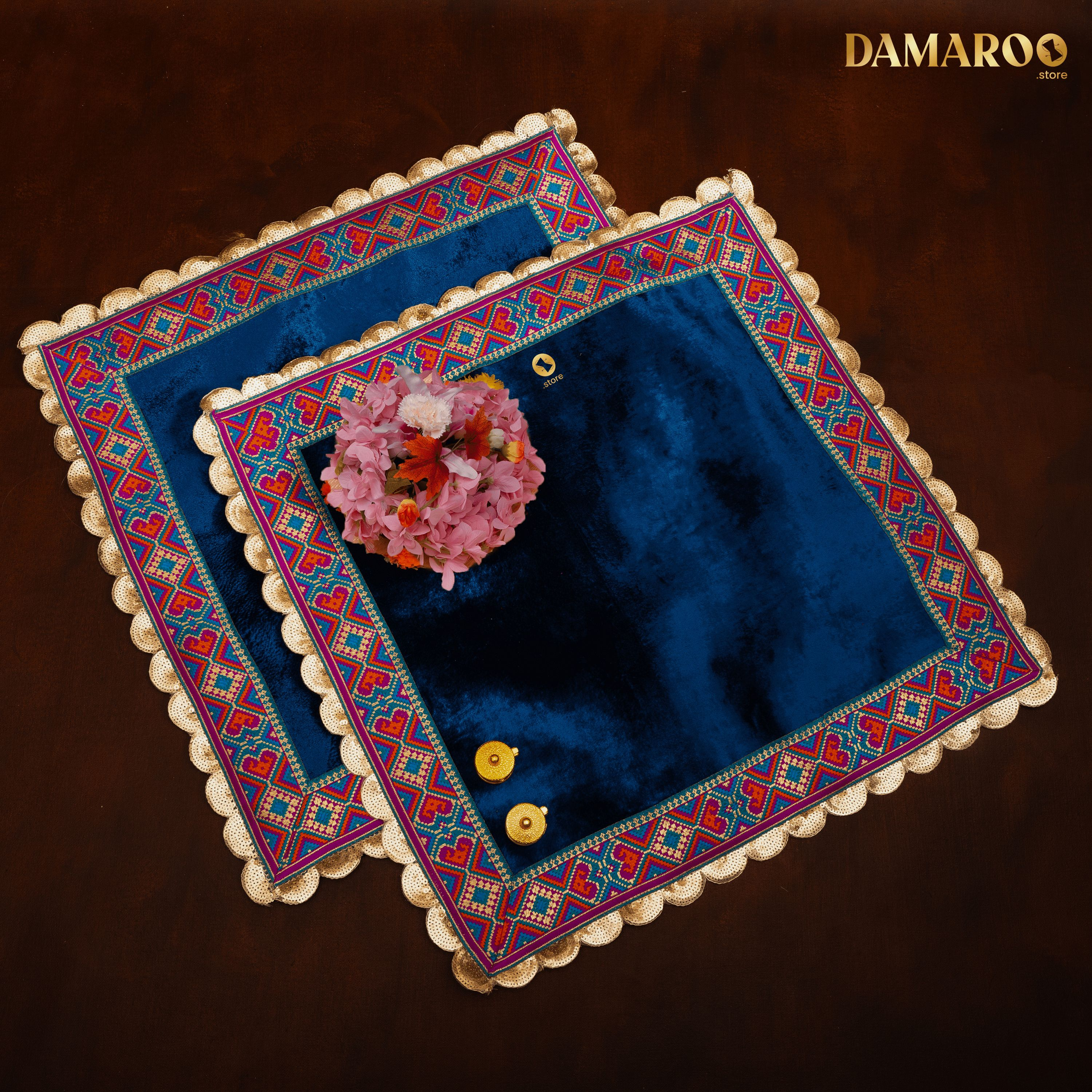 Damaroo Set of 2 | 2x2 ft | Makhmali Magic: Velvety Anti-Skid Pooja Aasan | Jacquard Zari Trim - Peacock Blue - Distacart