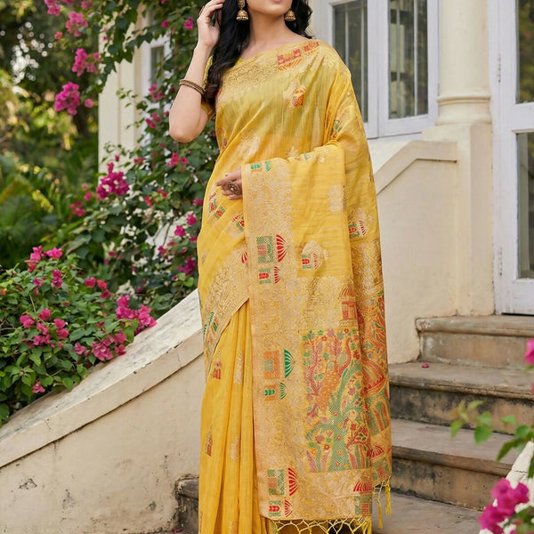 Shree Shyam Fashion Yellow Linen Cotton Saree - Distacart