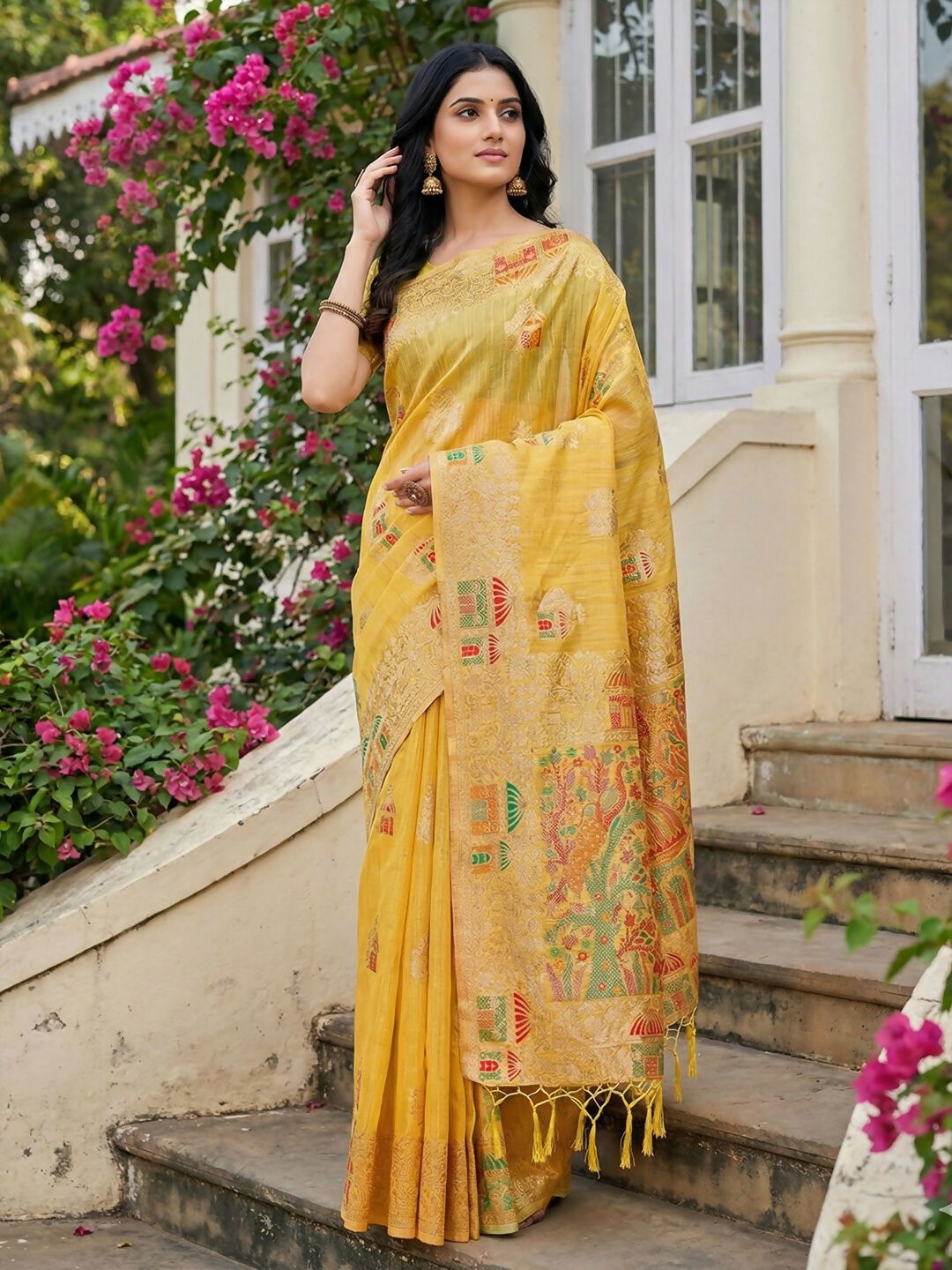 Shree Shyam Fashion Yellow Linen Cotton Saree - Distacart