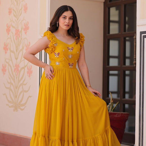 Joban Fashion Yellow Georgette Sequence Embroidery Work Gown