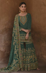 Thumbnail for Anaita Dark-Green Silk Readymade Palazzo Suit with Swarovski Work - Distacart