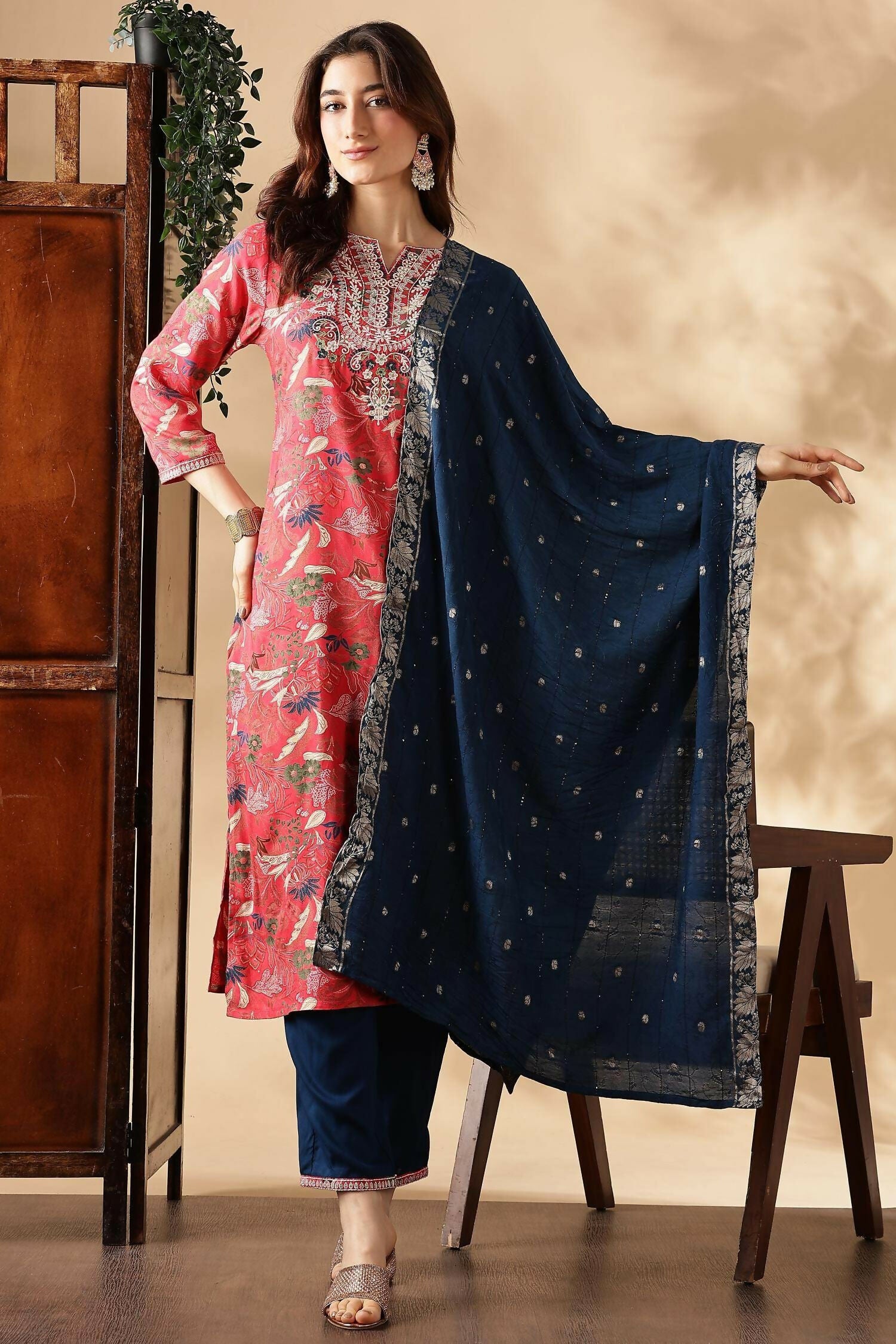 BulBul Alfina Red Rayon Kurta Set with Dupatta