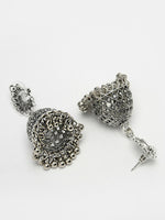 Thumbnail for NVR Women's Silver-Toned Peacock Design German Silver Oxidised Dome Shaped Jhumka Earrings - Distacart