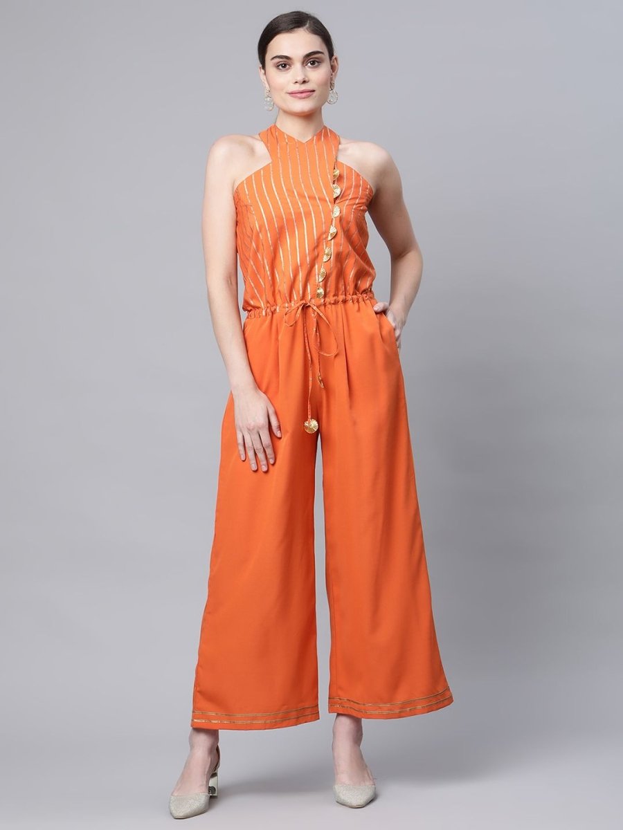 Ahalyaa Womens Orange Crepe Gold Stripped Print Jumpsuit - Distacart