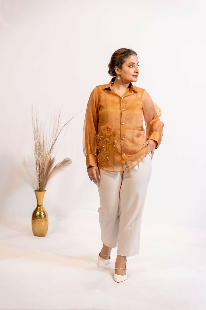 Timaraa Rust Brown Organza Shirt With Pearl & Katdana Embellishment - Dista