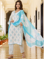 Thumbnail for Anouk White Floral Printed Pure Cotton Lace Straight Kurta with Trousers & Dupatta