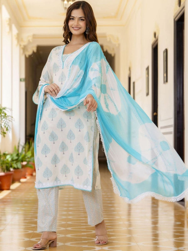 Anouk White Floral Printed Pure Cotton Lace Straight Kurta with Trousers & Dupatta