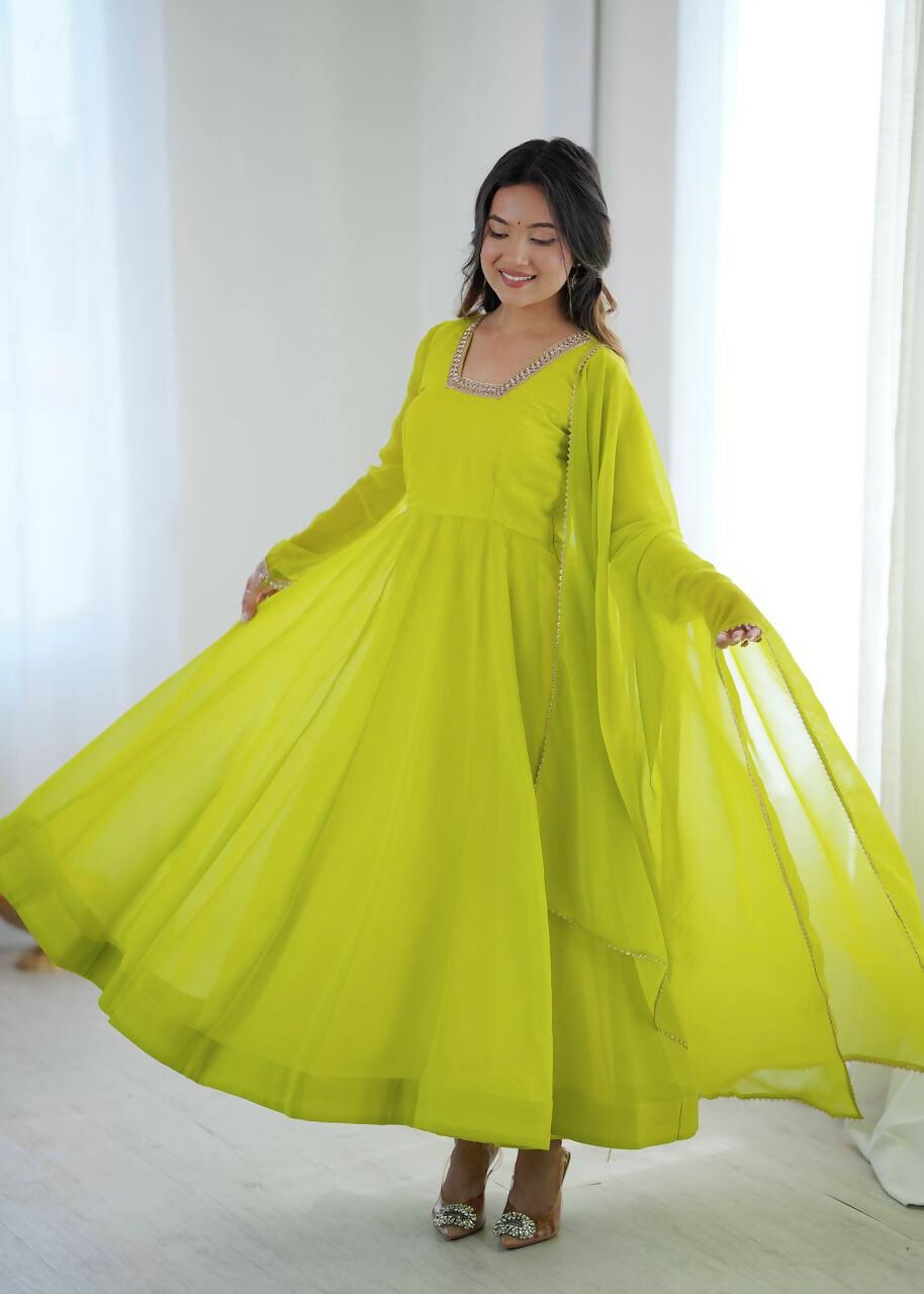 Teeya Creation Women'S Lime Parrot Green Solid Flared Anarkali Kurta With Dupatta Set - Dista