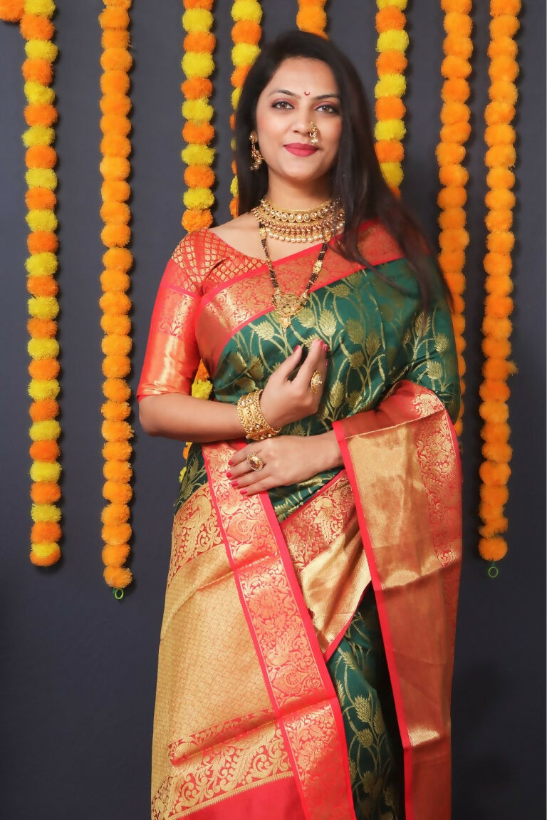 Jyoti Fashion Women's Bottle Green Kanjivaram Silk Zari Woven Saree with Blouse - Distacart
