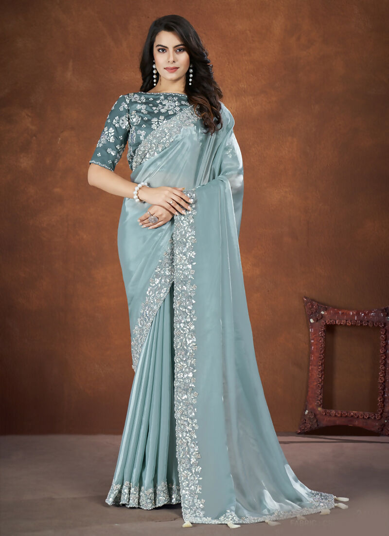 Blue Crepe Satin Silk Embroidered Saree with stitched Blouse - Mohmanthan Saha Saki - Distacart