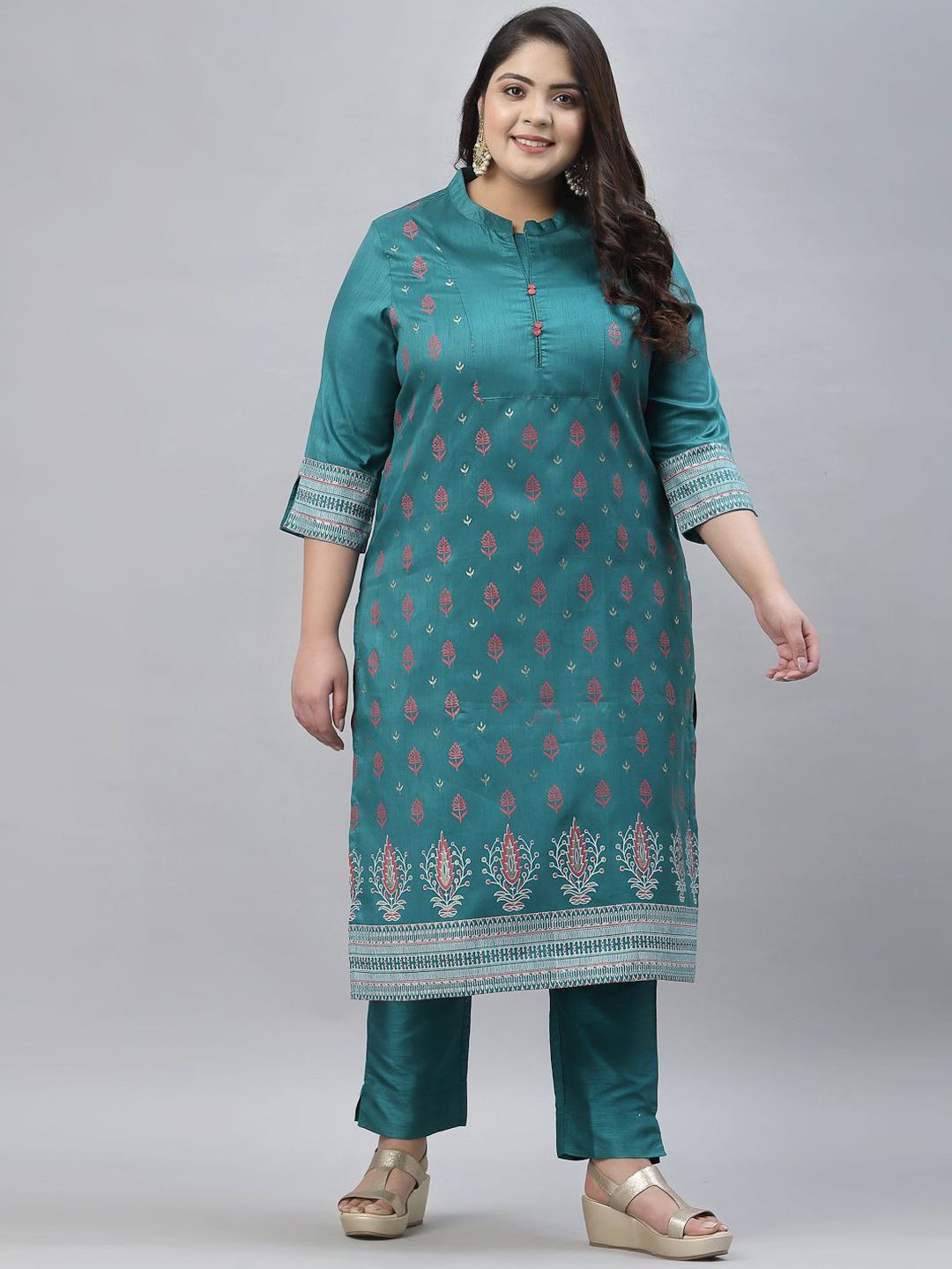 Sztori Plus Size Floral Foil Printed Straight Kurta With Trouser - Distacart