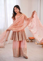 Thumbnail for Teeya Creation Light Peach Color Fendy Satin Silk Embroidery Work Party Wear Salwar Suit - Distacart