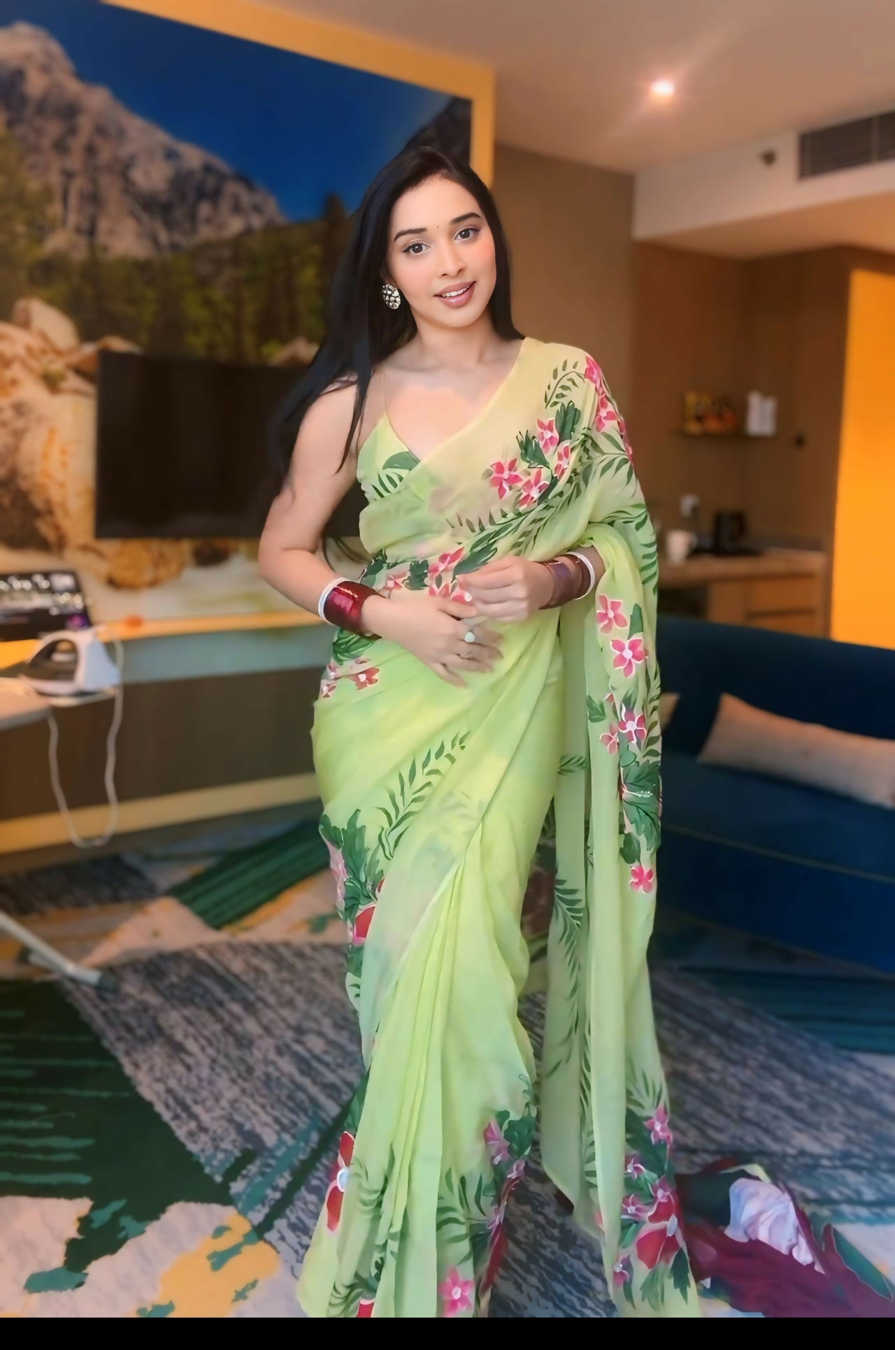 Malishka Georgette Printed Ready To Wear Saree With Blouse Piece - Green - Distacart