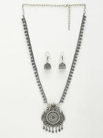 Thumbnail for NVR Women's Silver-Toned Peacock Design Oxidized Necklace with Jhumka Earrings - Distacart
