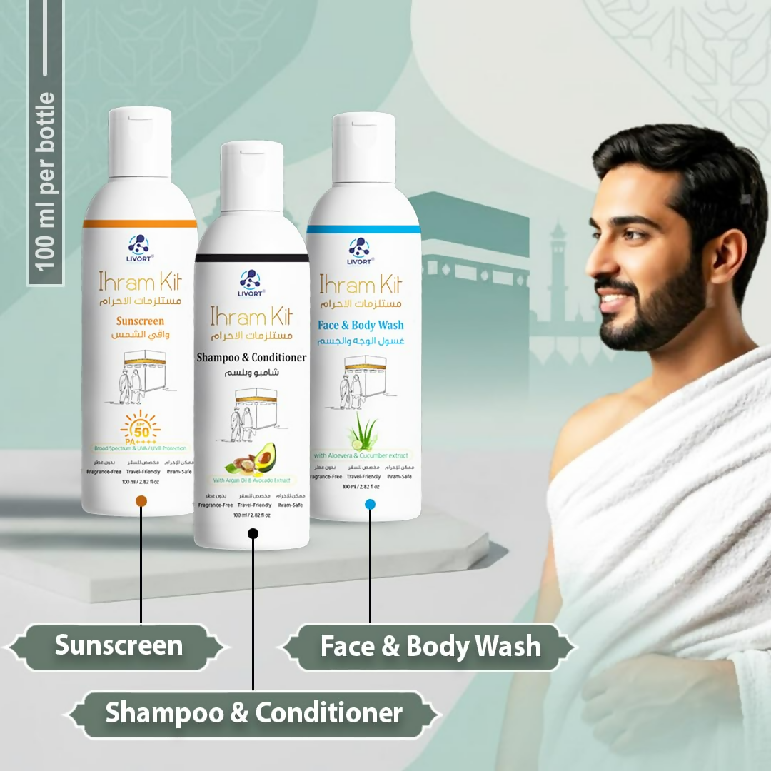 Livort Ihram Kit Hajj & Umrah Face & Body Wash Sunscreen Shampoo & Conditioner - Distacart
