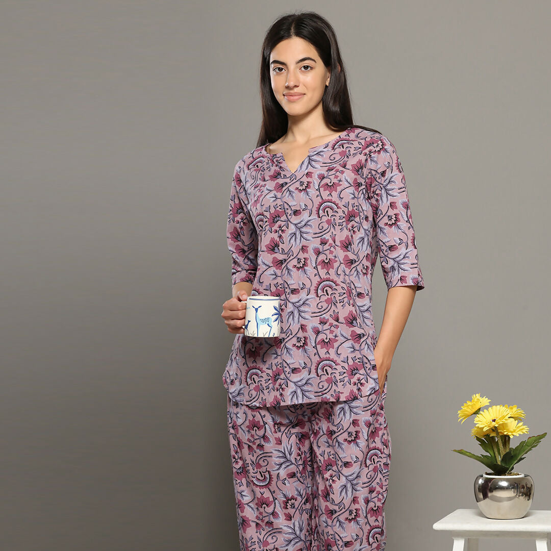 Breathables Women Cotton Printed Loungewear Kurta And Pants Co-Ord Set Pink I Night Wear | Floral Print - Dista