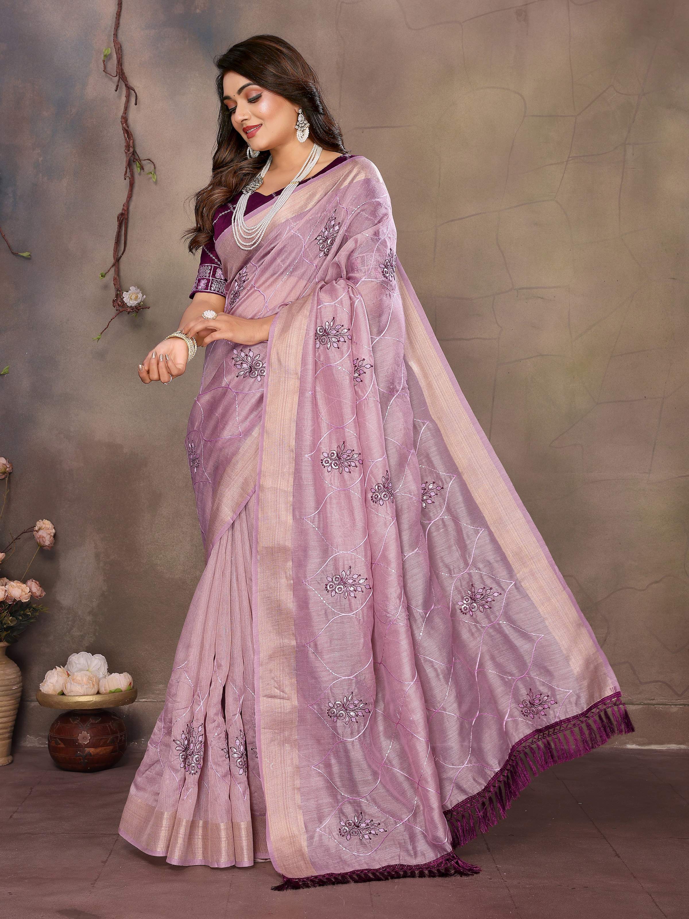 Vedant Vastram Chiffon Net Embroidery work Bollywood Fancy Saree - Lavender - Dista