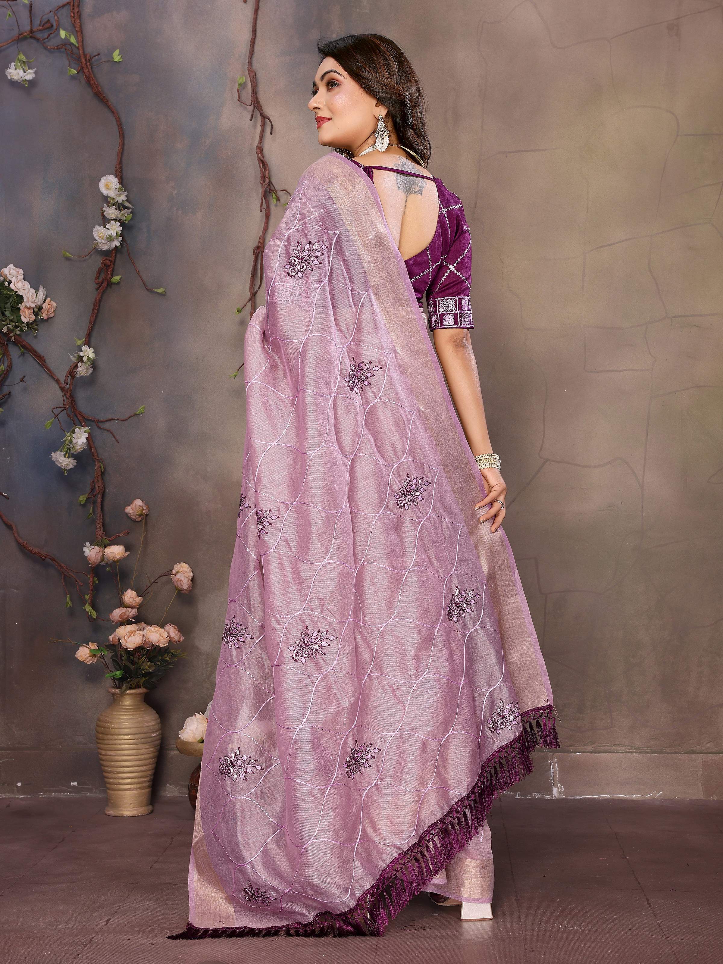 Vedant Vastram Chiffon Net Embroidery work Bollywood Fancy Saree - Lavender - Dista