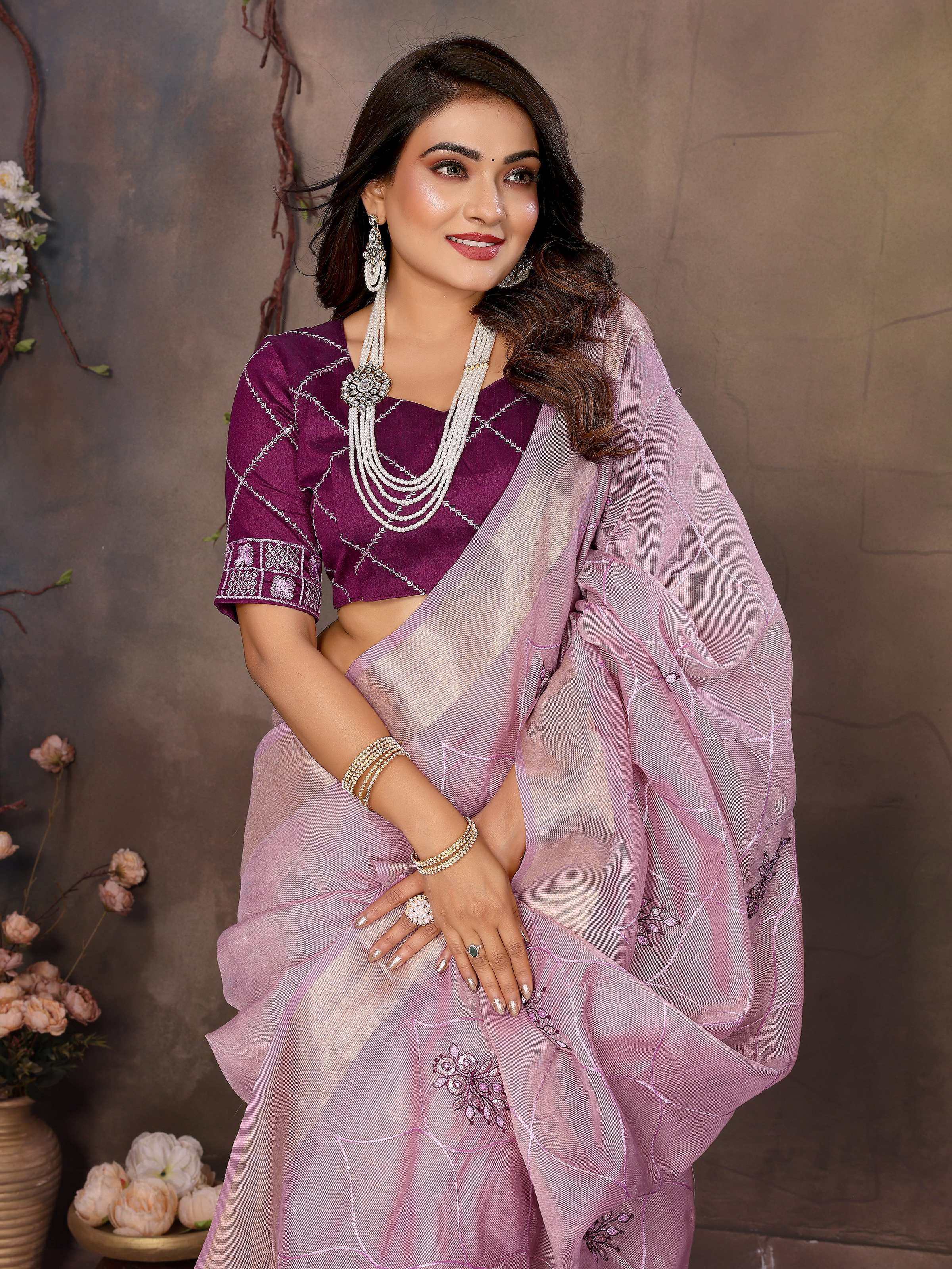 Vedant Vastram Chiffon Net Embroidery work Bollywood Fancy Saree - Lavender - Dista