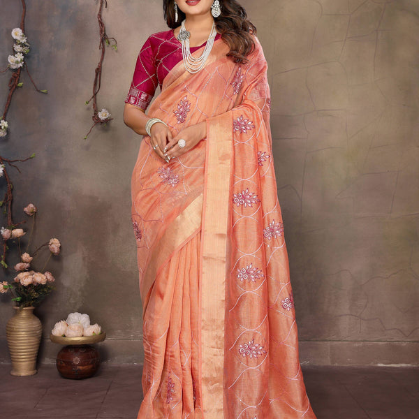 Vedant Vastram Chiffon Net Embroidery work Bollywood Fancy Saree - Orange - Dista