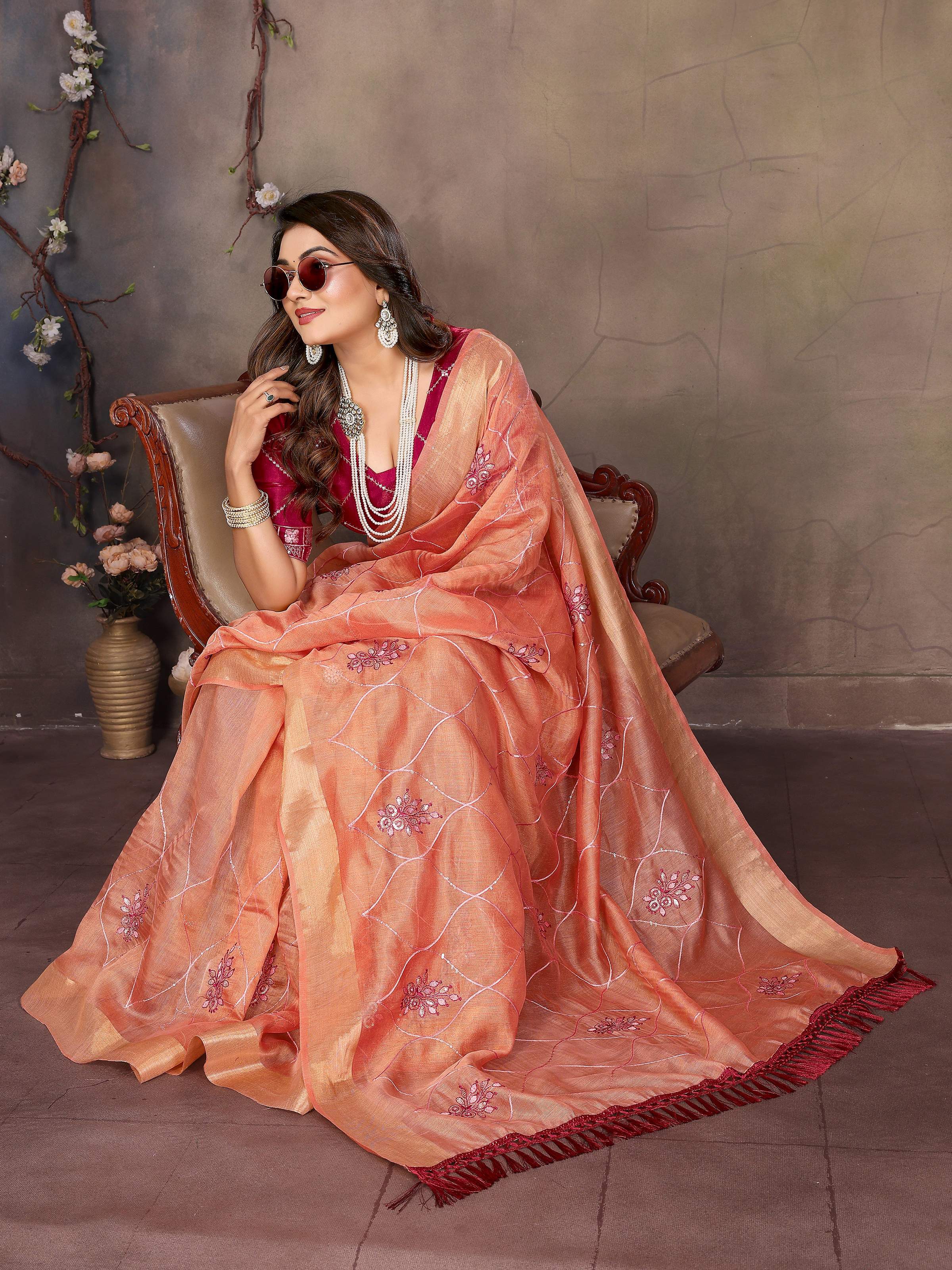 Vedant Vastram Chiffon Net Embroidery work Bollywood Fancy Saree - Orange - Dista