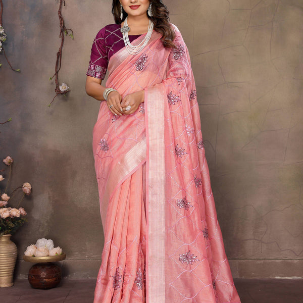 Vedant Vastram Chiffon Net Embroidery work Bollywood Fancy Saree - Peach - Dista