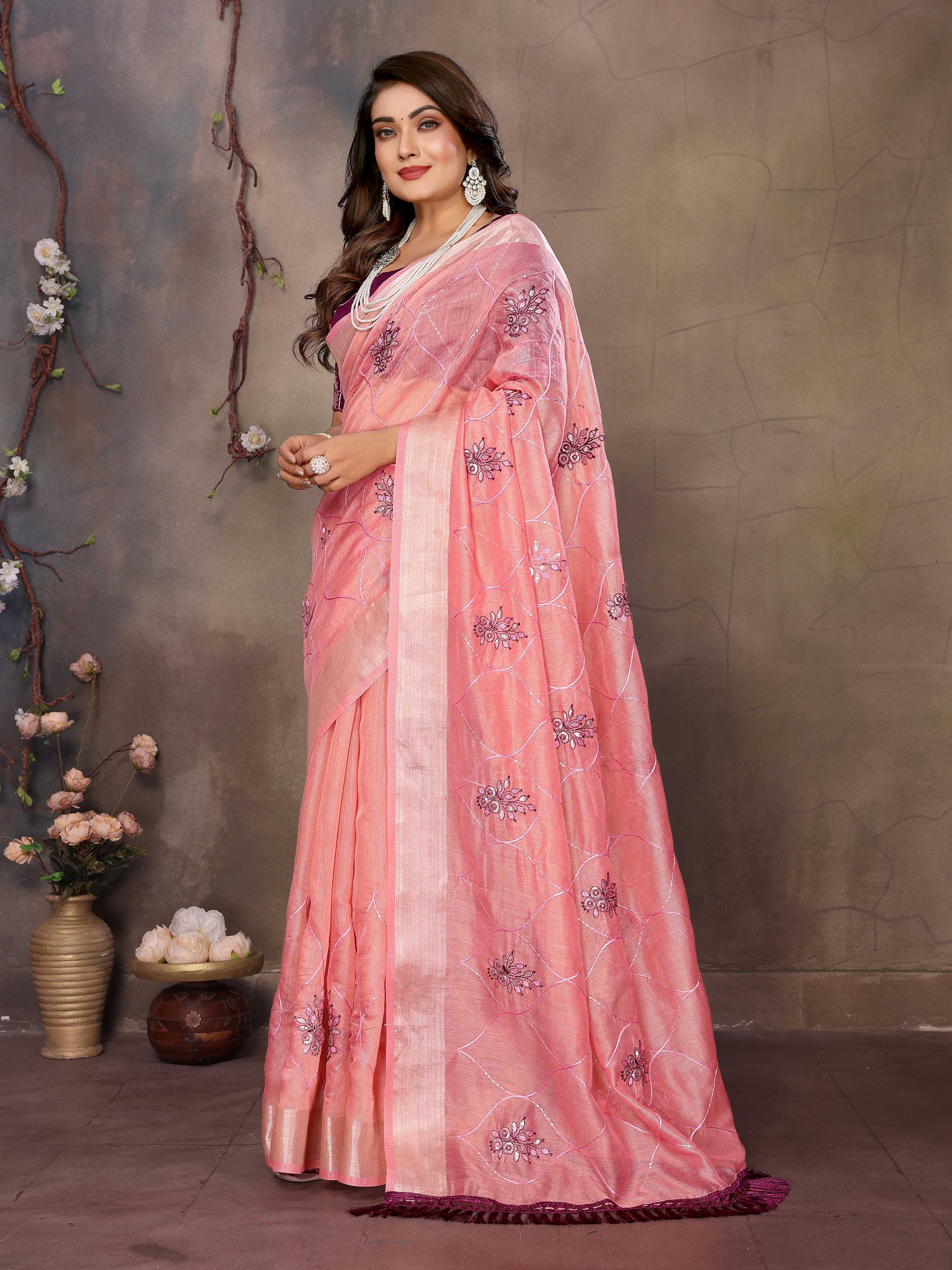 Vedant Vastram Chiffon Net Embroidery work Bollywood Fancy Saree - Peach - Dista
