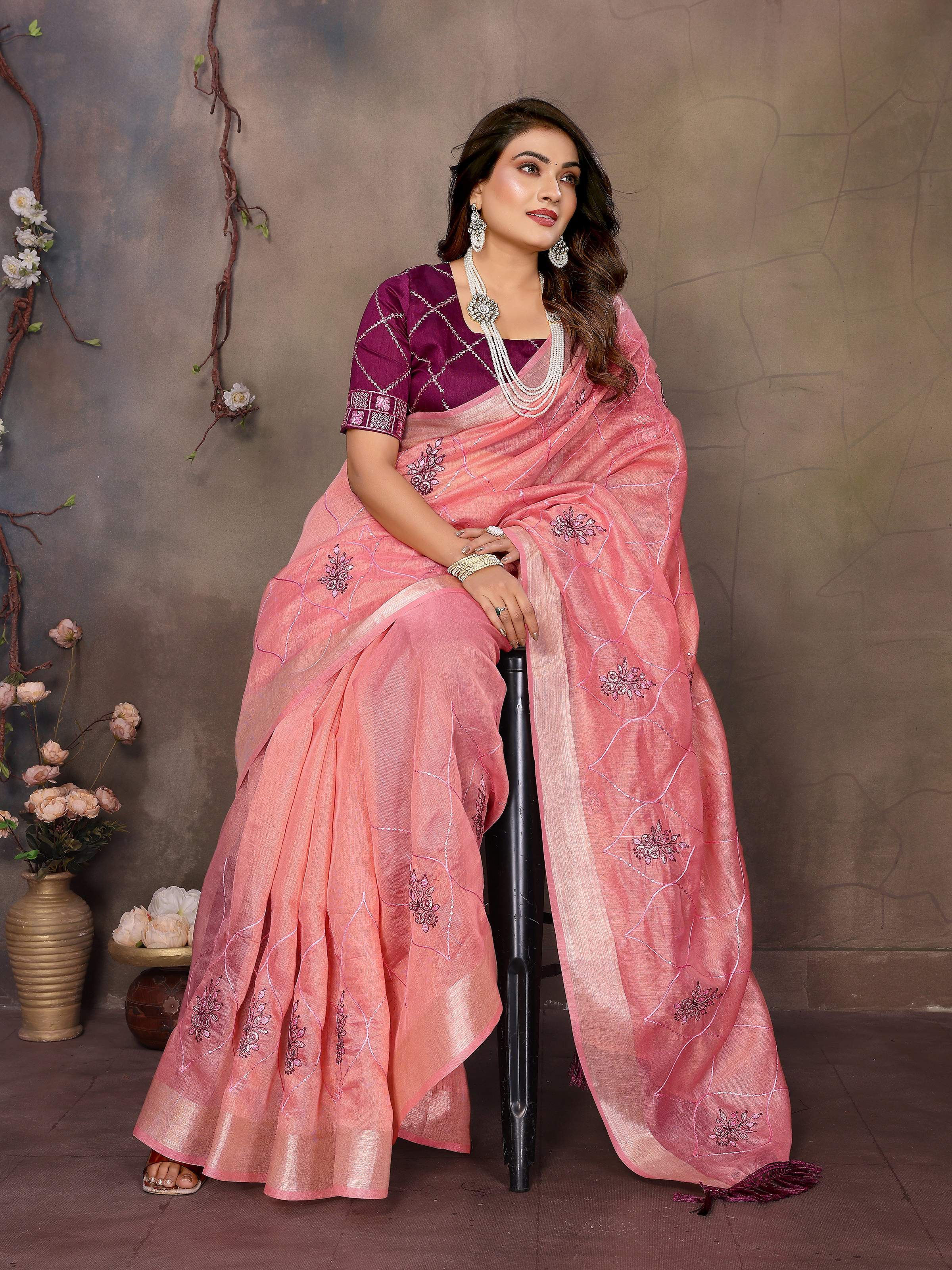 Vedant Vastram Chiffon Net Embroidery work Bollywood Fancy Saree - Peach - Dista