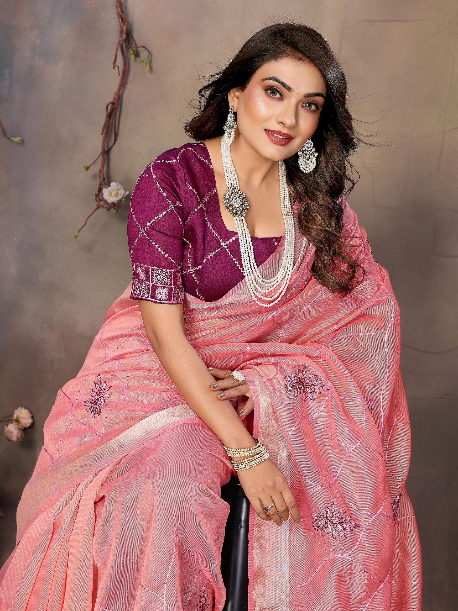Vedant Vastram Chiffon Net Embroidery work Bollywood Fancy Saree - Peach - Dista