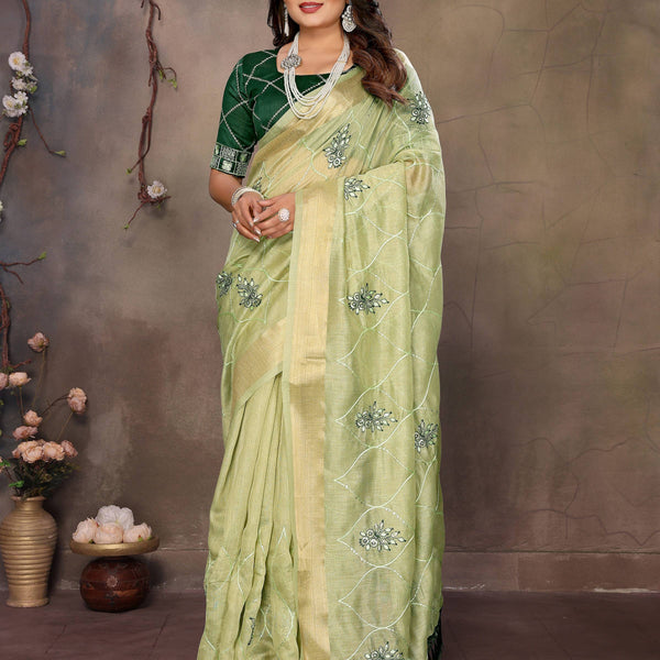 Vedant Vastram Chiffon Net Embroidery work Bollywood Fancy Saree - Pista - Dista