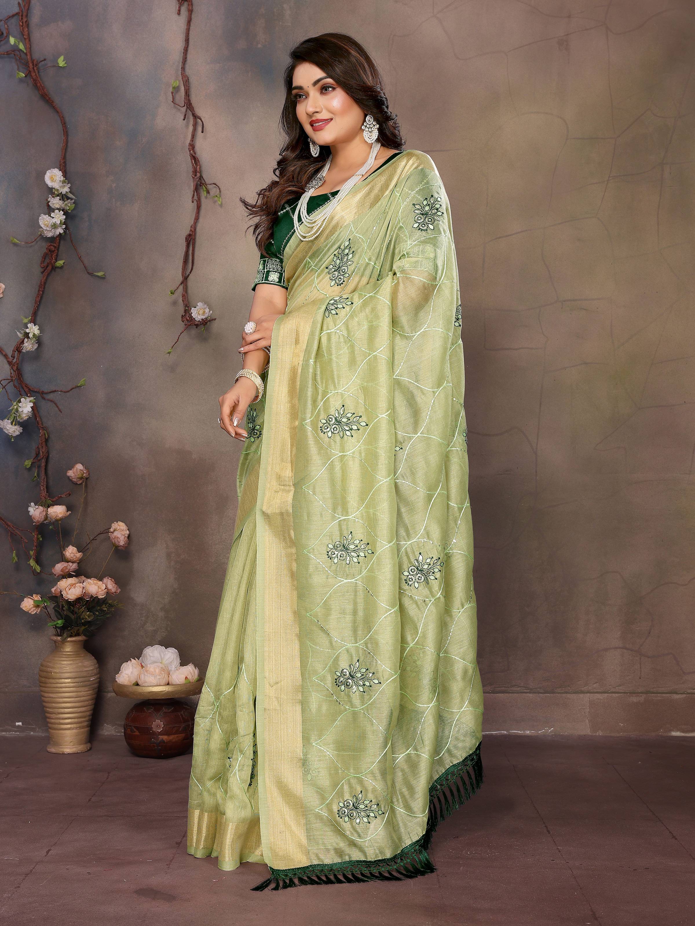Vedant Vastram Chiffon Net Embroidery work Bollywood Fancy Saree - Pista - Dista