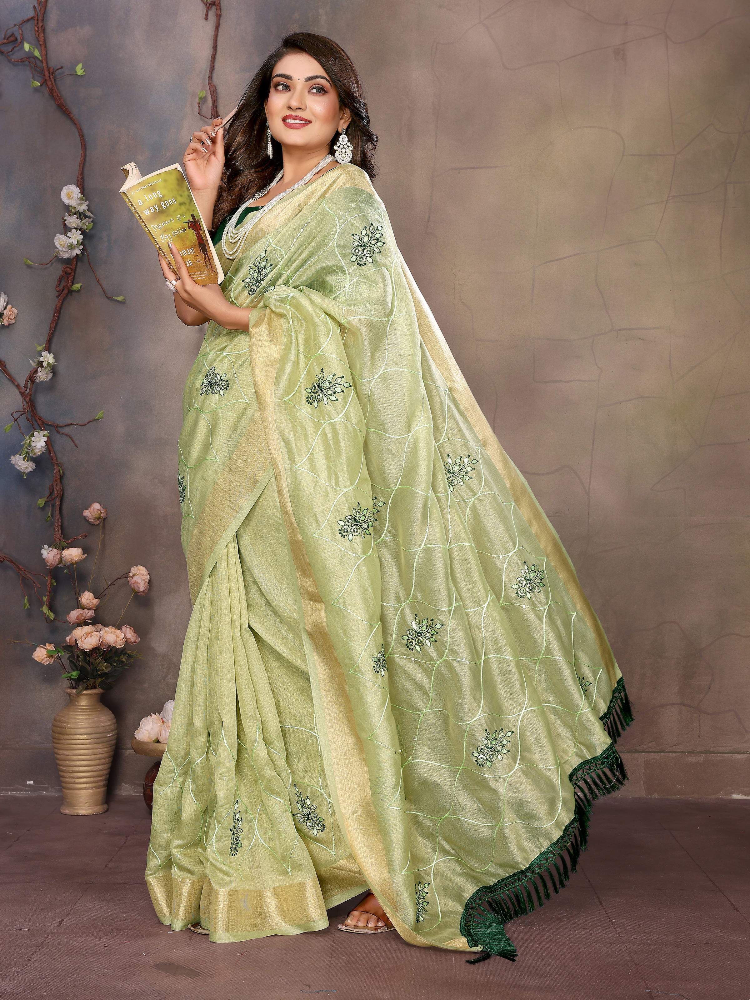 Vedant Vastram Chiffon Net Embroidery work Bollywood Fancy Saree - Pista - Dista