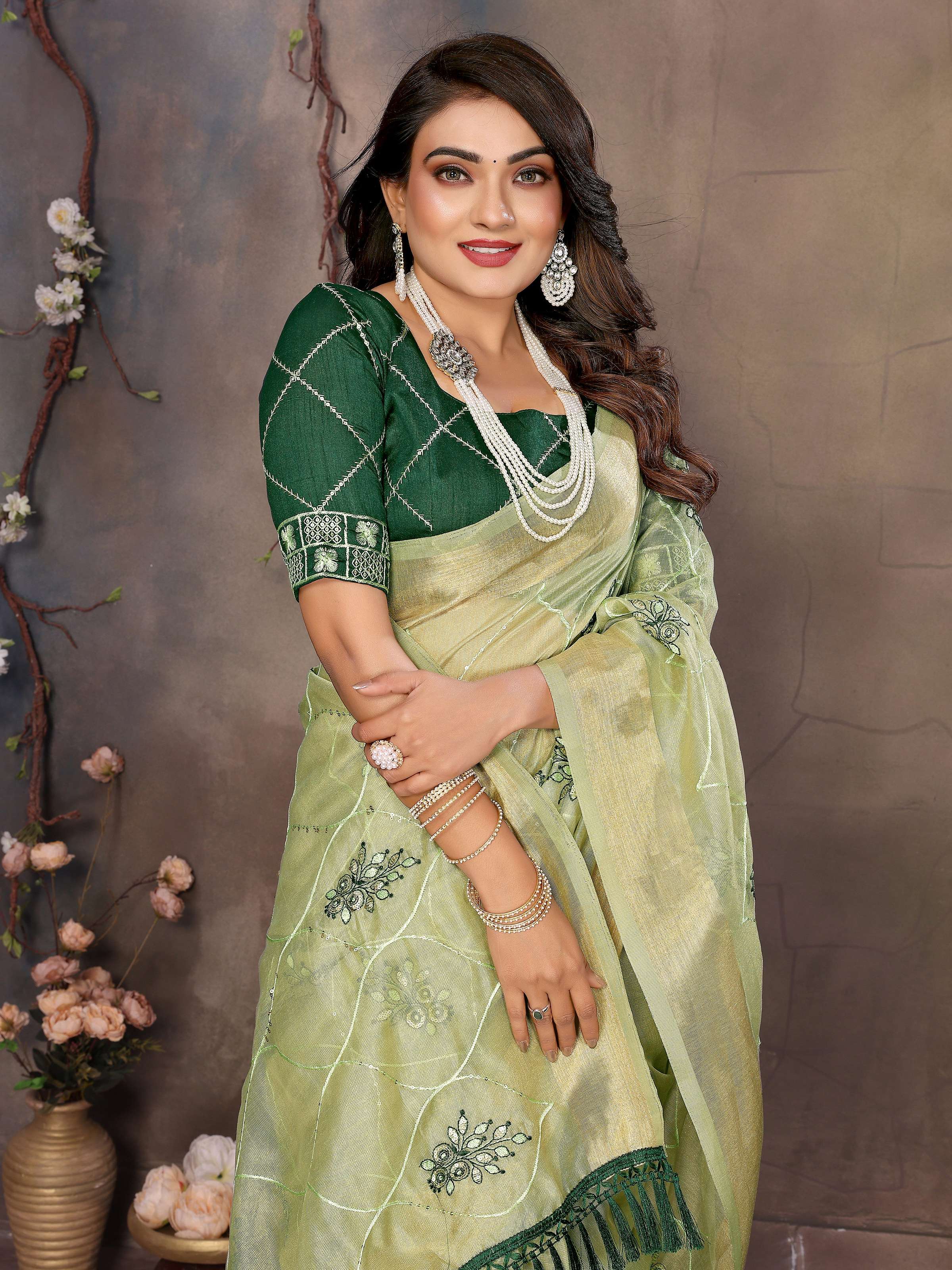 Vedant Vastram Chiffon Net Embroidery work Bollywood Fancy Saree - Pista - Dista