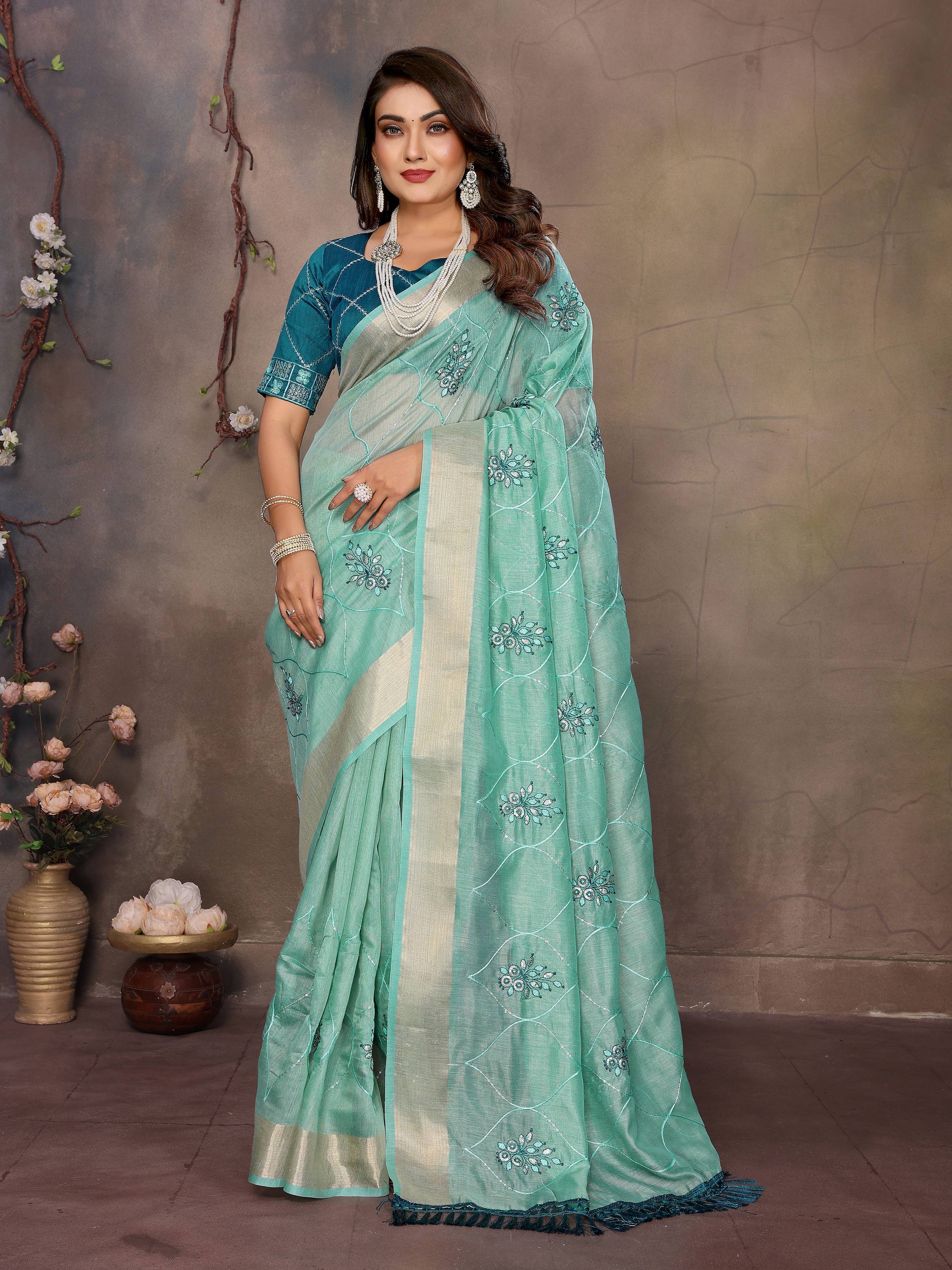 Vedant Vastram Chiffon Net Embroidery work Bollywood Fancy Saree - Turquoise - Dista