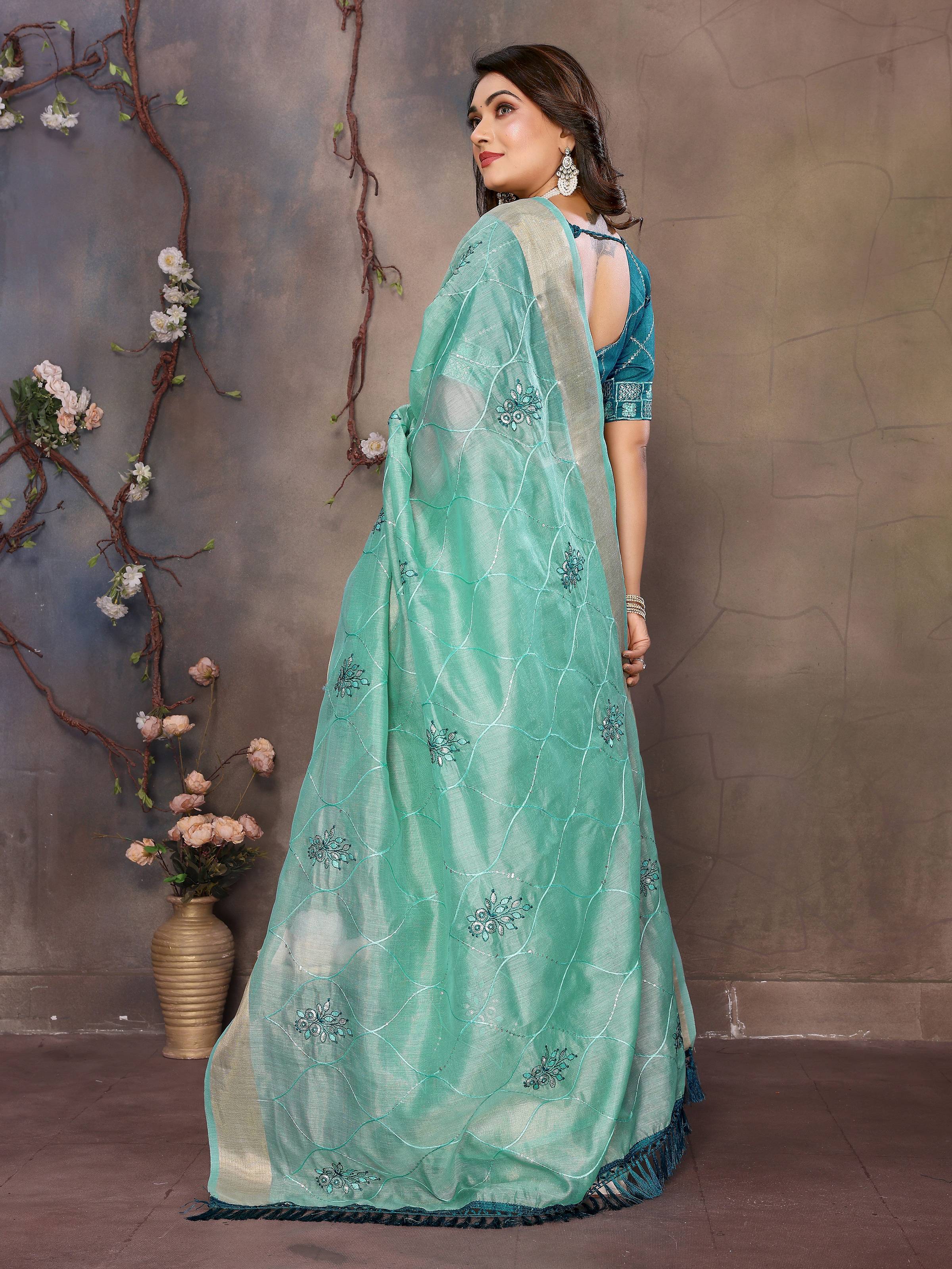 Vedant Vastram Chiffon Net Embroidery work Bollywood Fancy Saree - Turquoise - Dista