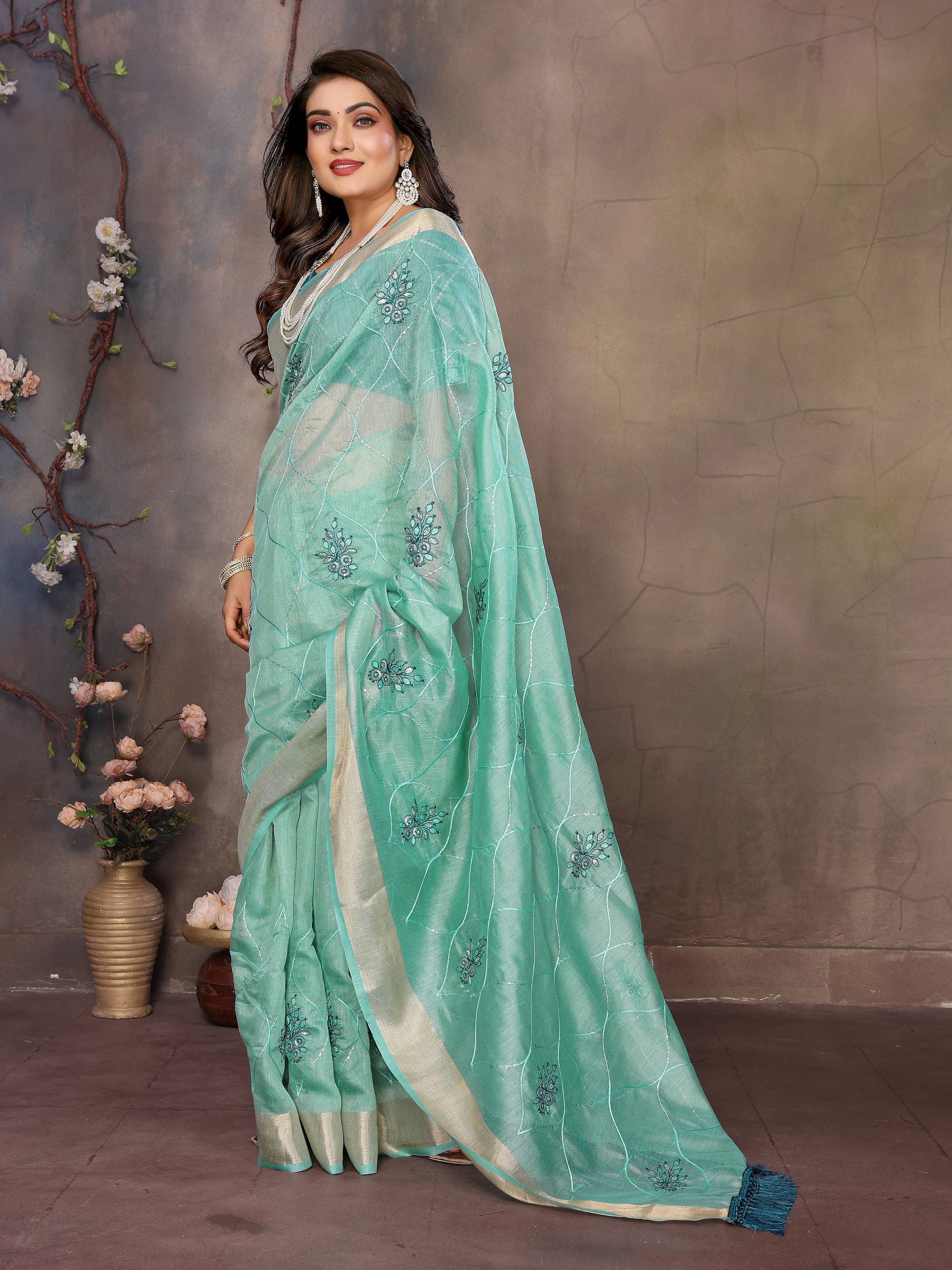 Vedant Vastram Chiffon Net Embroidery work Bollywood Fancy Saree - Turquoise - Dista