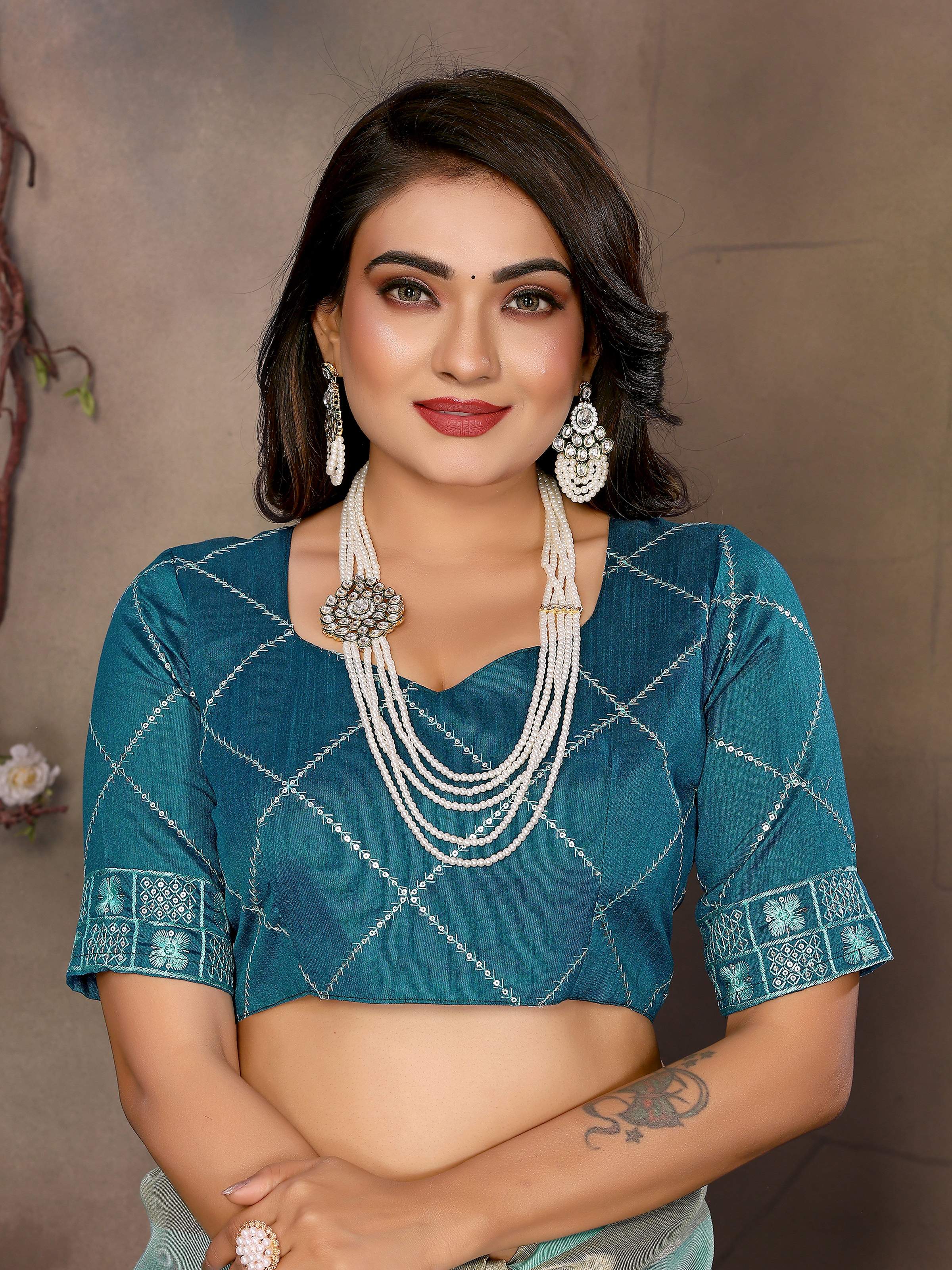 Vedant Vastram Chiffon Net Embroidery work Bollywood Fancy Saree - Turquoise - Dista