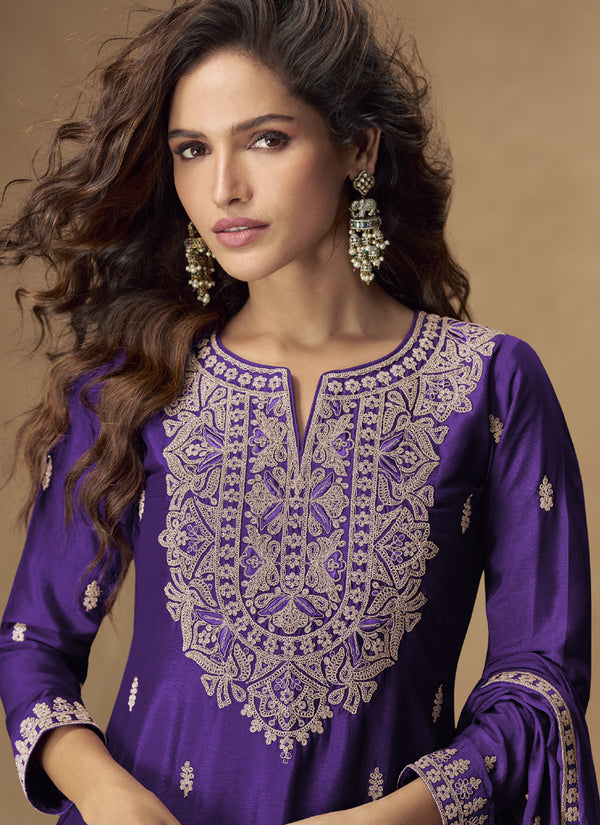 Vegaa Fashion Violet Chinon Silk Embroidered Palazzo Suit