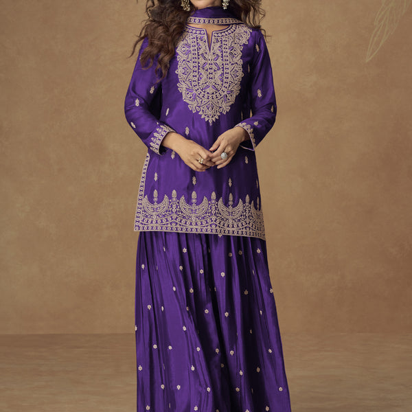 Vegaa Fashion Violet Chinon Silk Embroidered Palazzo Suit