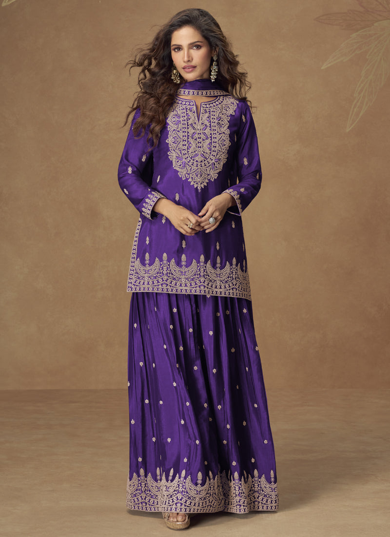 Vegaa Fashion Violet Chinon Silk Embroidered Palazzo Suit - Dista