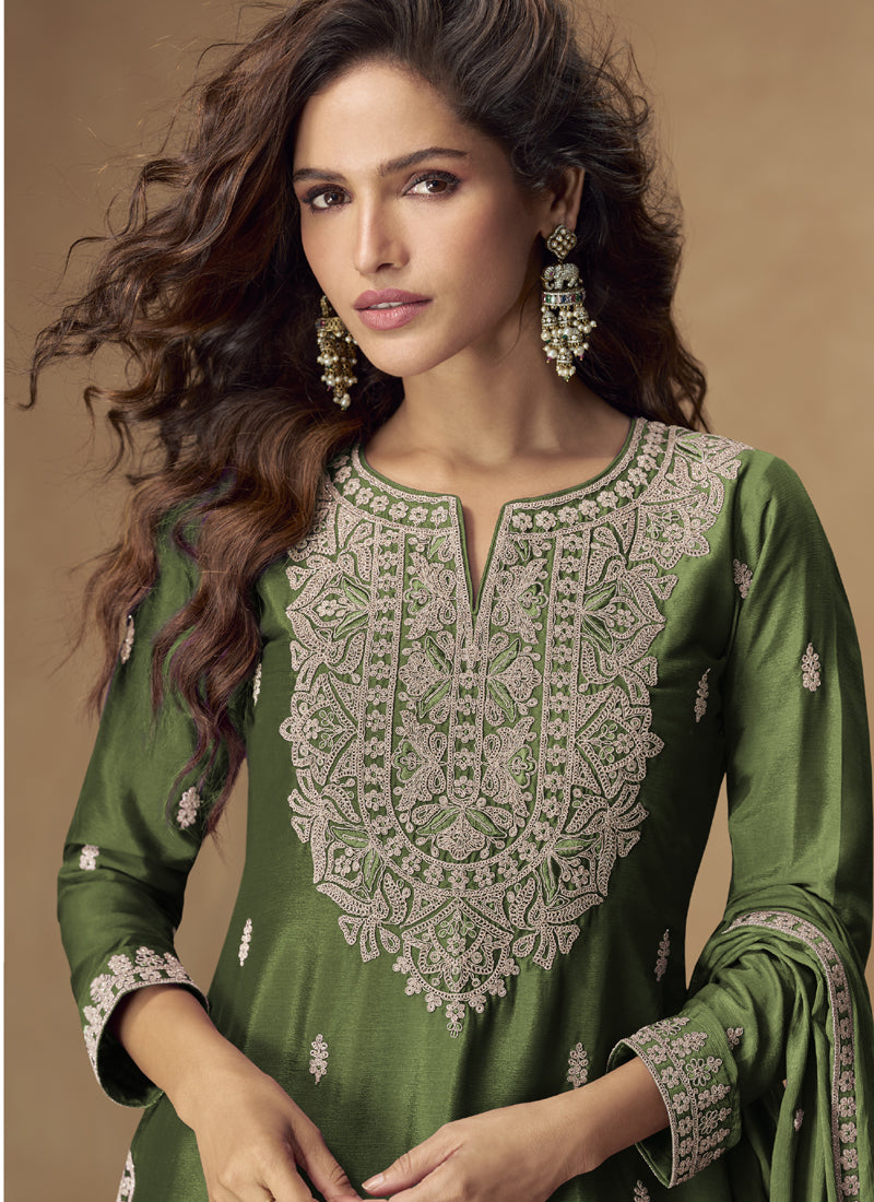 Vegaa Fashion Green Chinon Silk Embroidered Palazzo Suit