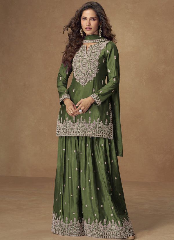 Vegaa Fashion Green Chinon Silk Embroidered Palazzo Suit