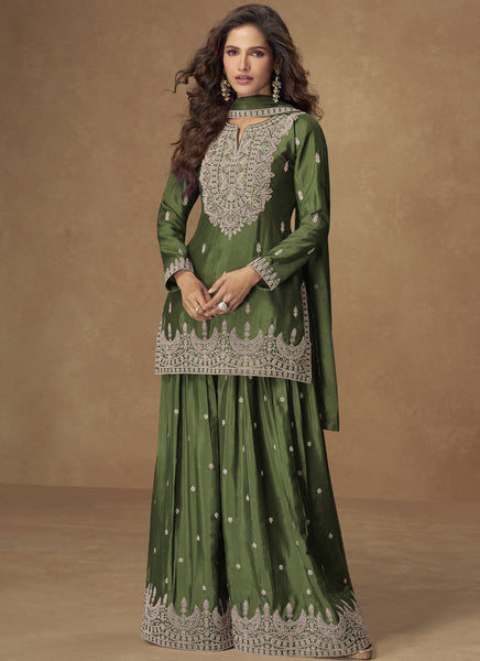 Vegaa Fashion Green Chinon Silk Embroidered Palazzo Suit