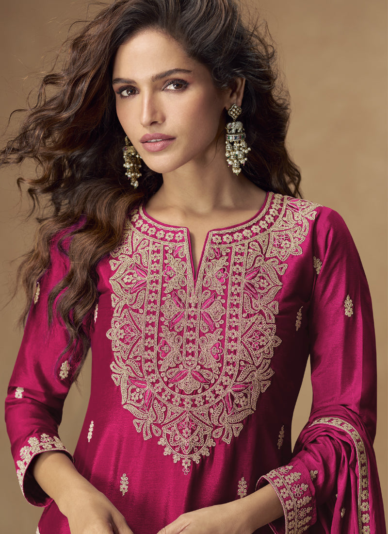 Vegaa Fashion Pink Chinon Silk Embroidered Palazzo Suit
