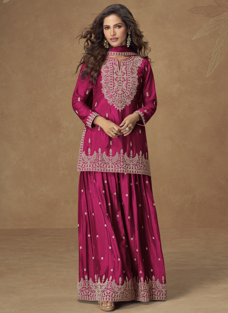 Vegaa Fashion Pink Chinon Silk Embroidered Palazzo Suit
